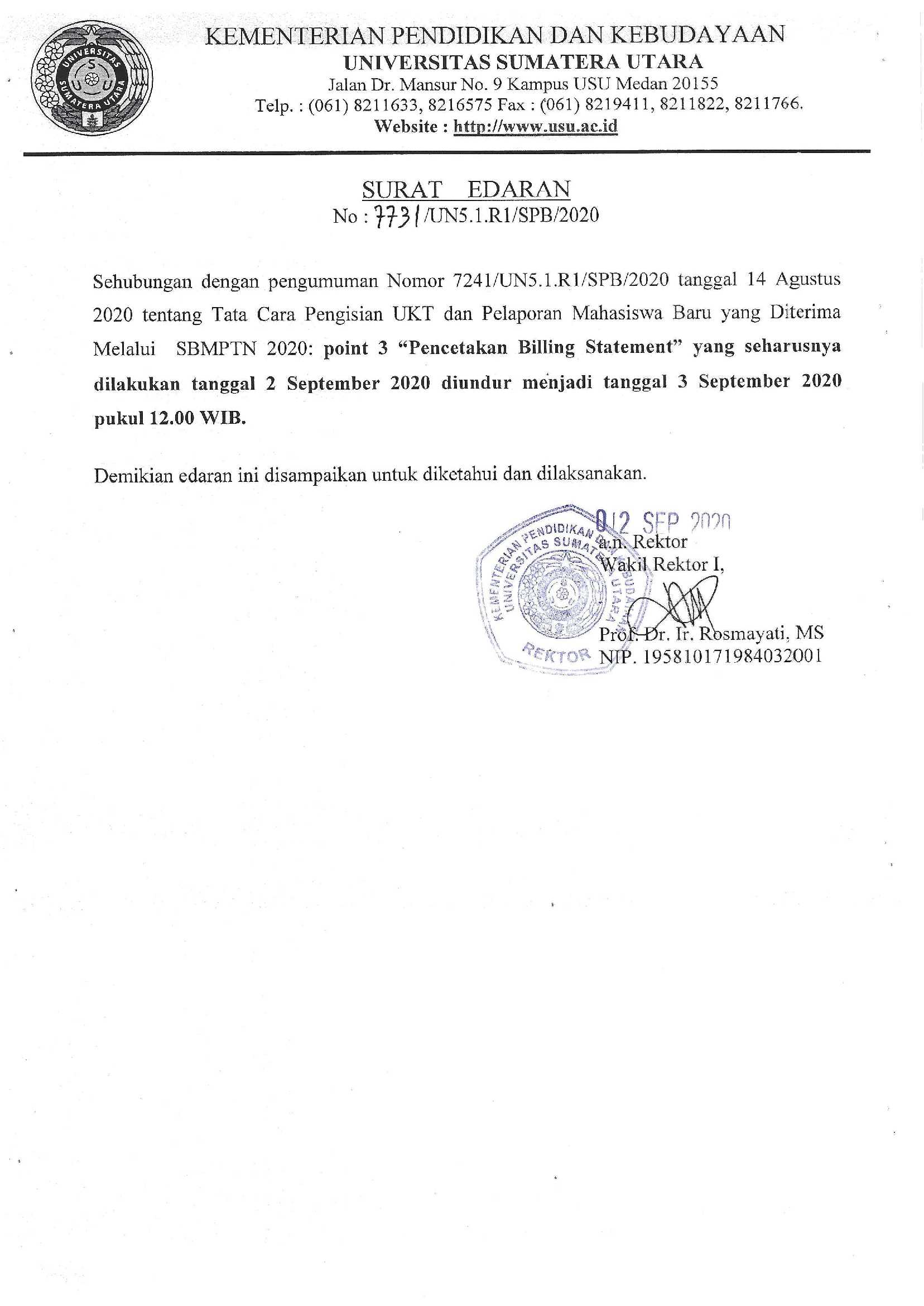 SURAT EDARAN WAKIL REKTOR I USU