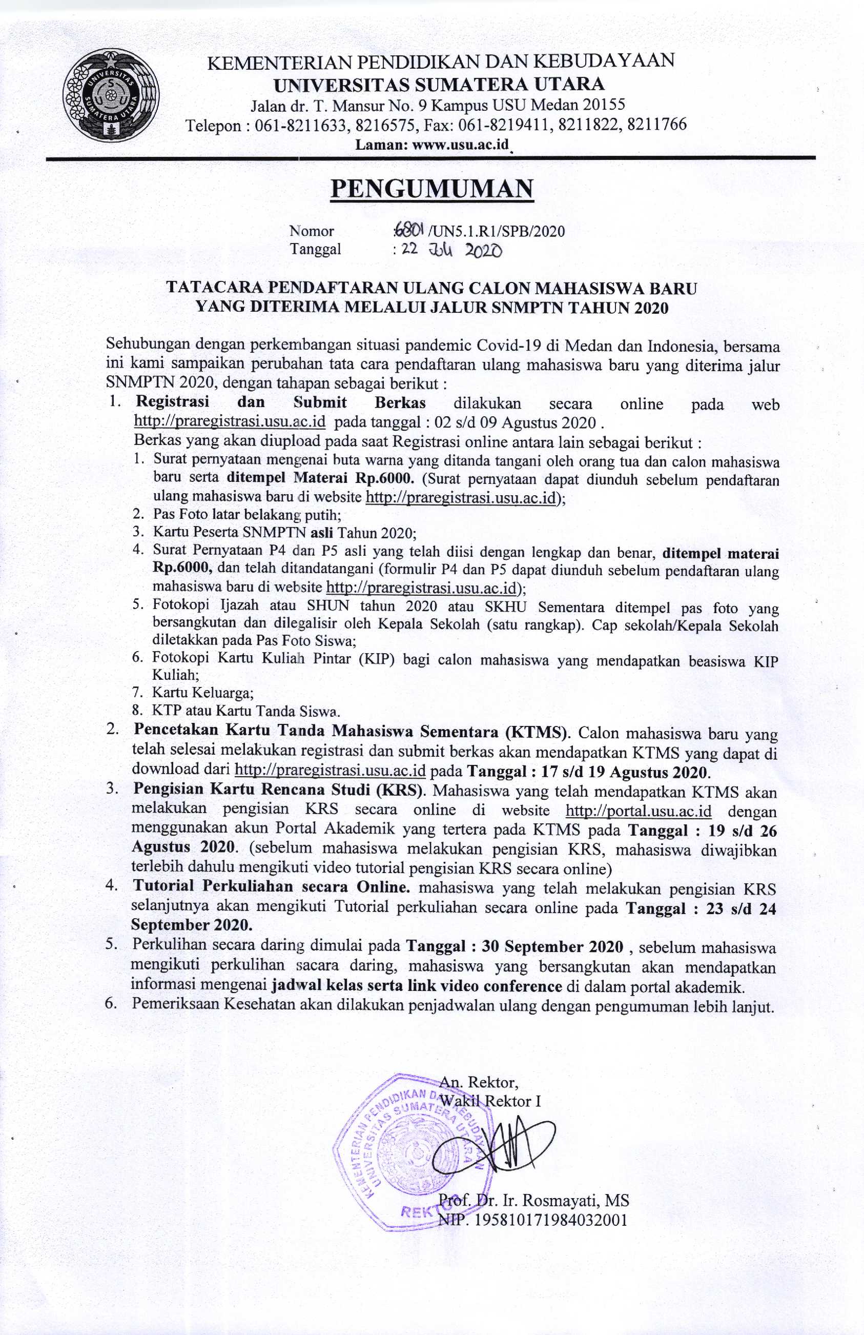 Universitas Sumatera Utara - Tatacara Pendaftaran Ulang Calon Mahasiswa  Baru Yang Diterima Jalur SNMPTN Tahun 2020