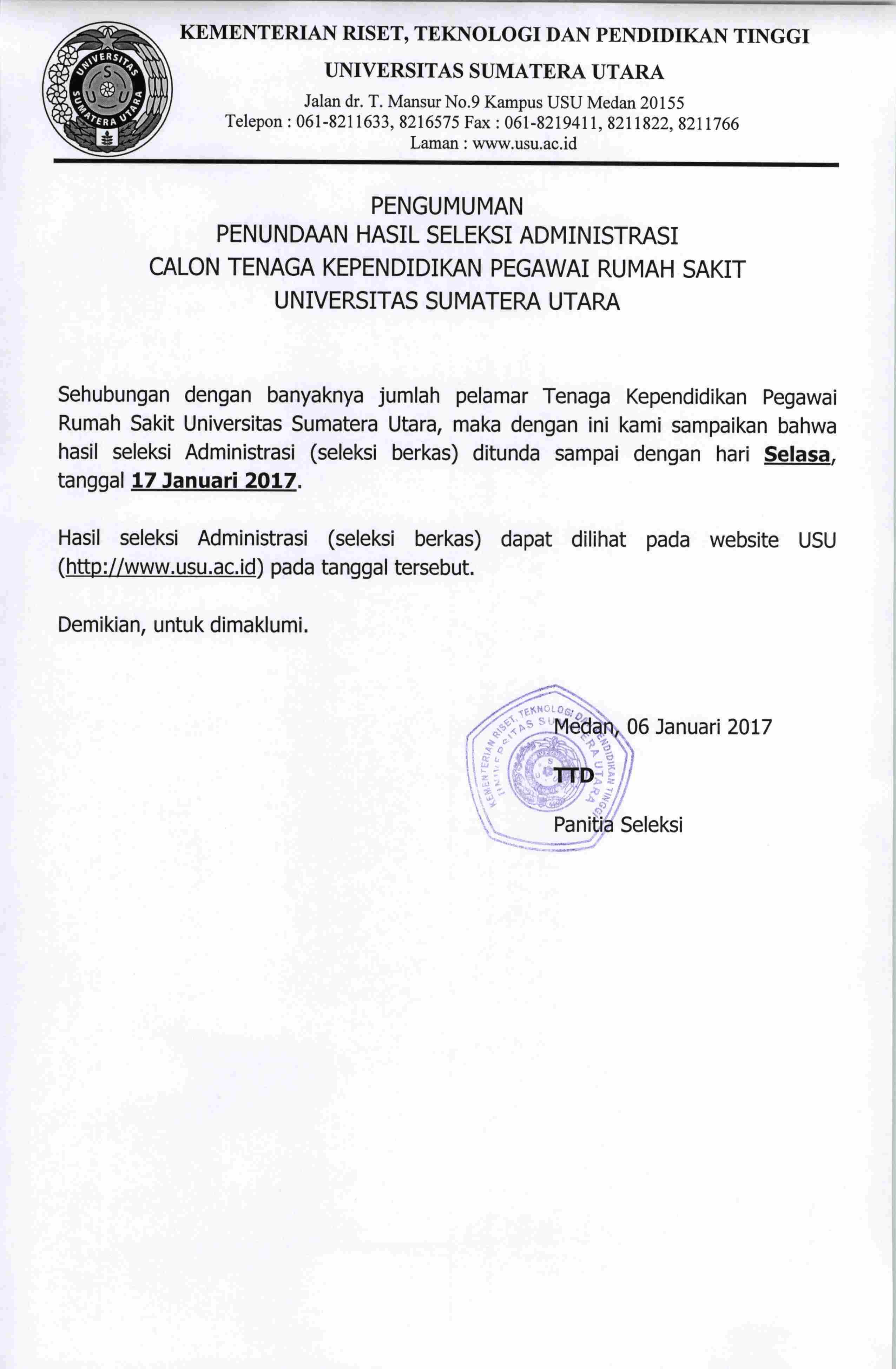 Pengumuman Penundaan Seleksi TKP RS 2017